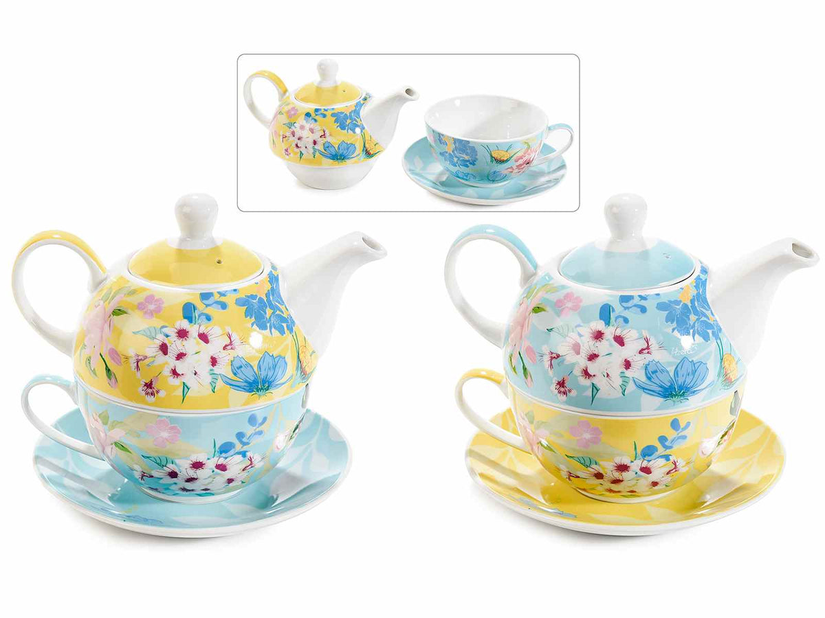 Teiera e tazza fiori colorati primaverili in porcellana, set da 2 pezzi, cm 16 x 10,5 x 13,5 H