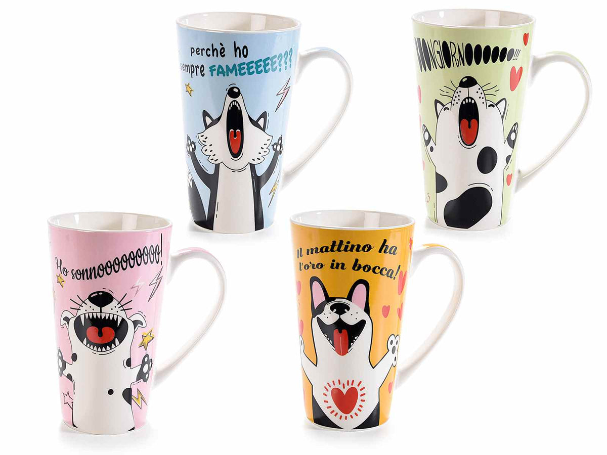 Tazze in porcellana con stampa cani che urlano e scritte, set da 8 pezzi, Ø 9 cm x 15 H