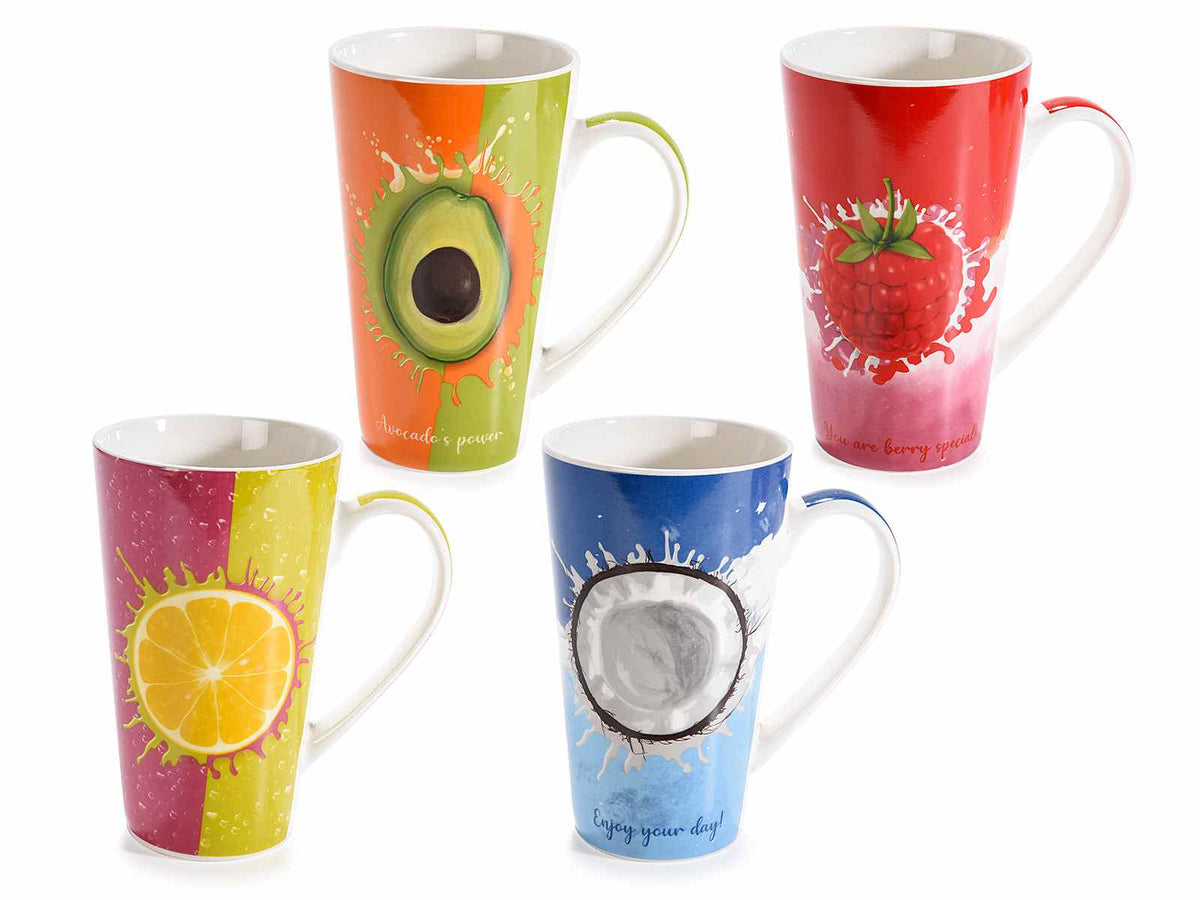 Tazze di porcellana decorata con stampa frutta estiva, set da 8 pezzi, Ø 9 cm x 15 H