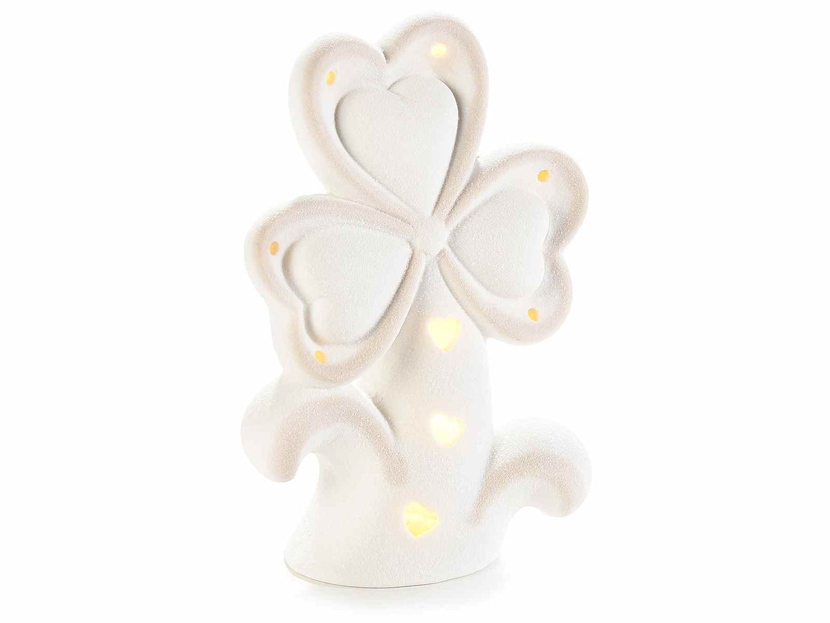 Decori a trifogli in porcellana con luci led e decorazioni a cuore, set da 2 pezzi, cm 9,5 x 5,5 x 14 H