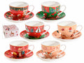 Tazze da tè in porcellana decorata con stampe natalizie vintage, piattino, set da 6 pezzi, Tazza: Ø 9 cm x 6,5 H