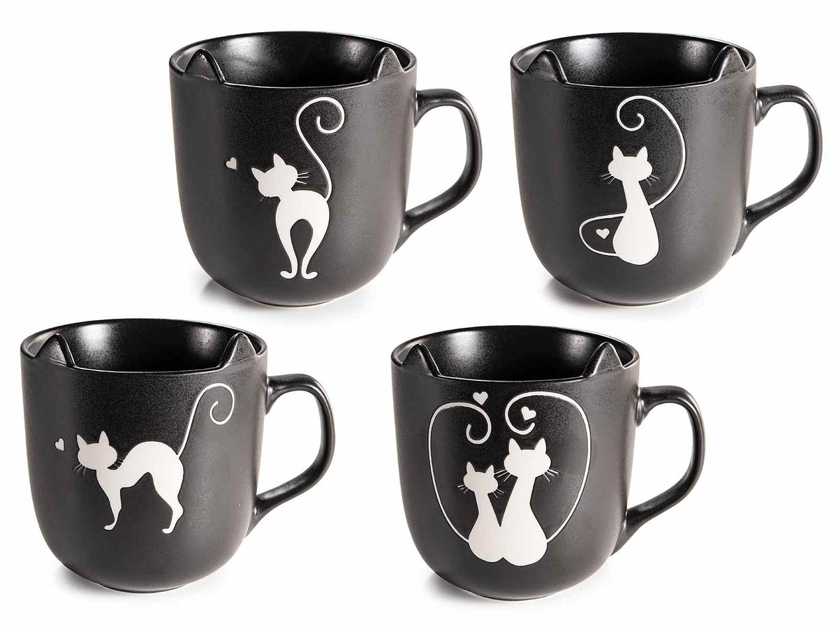 Tazze in porcellana ad effetto opaco con decorazioni gatto e orecchie, set da 8 pezzi, Ø 9 cm x 10 H
