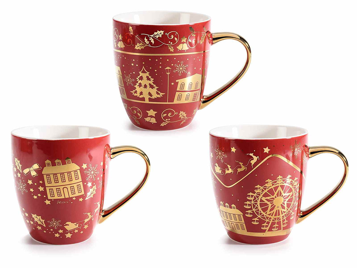 Set di 3 tazze di Natale in porcellana con stampa a tema con decori e manico in simil oro lucido, Ø 9,5 cm x 10,5 H
