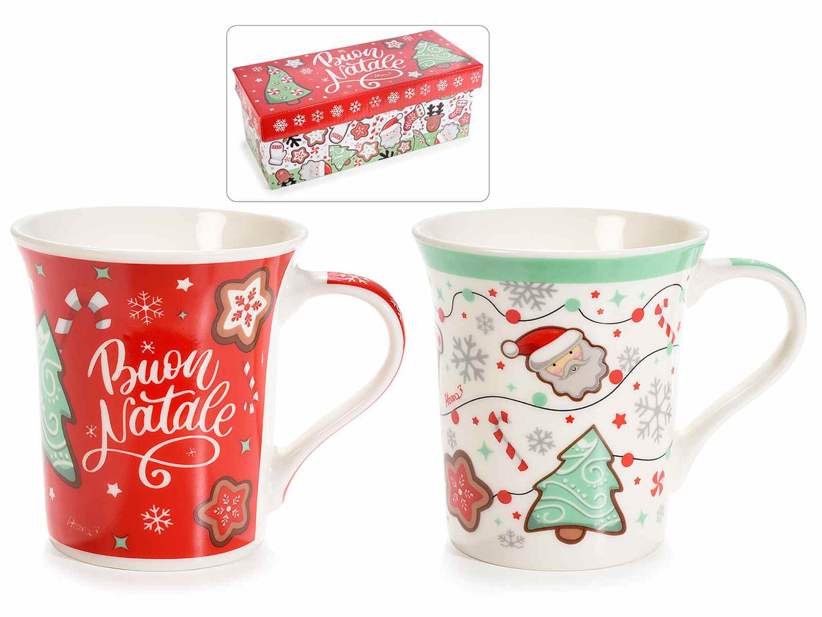 Tazze con scritte Buon Natale in porcellana decorata in confezione regalo da 2, set da 2 pezzi, Tazza: Ø 9 cm x 9,5 H