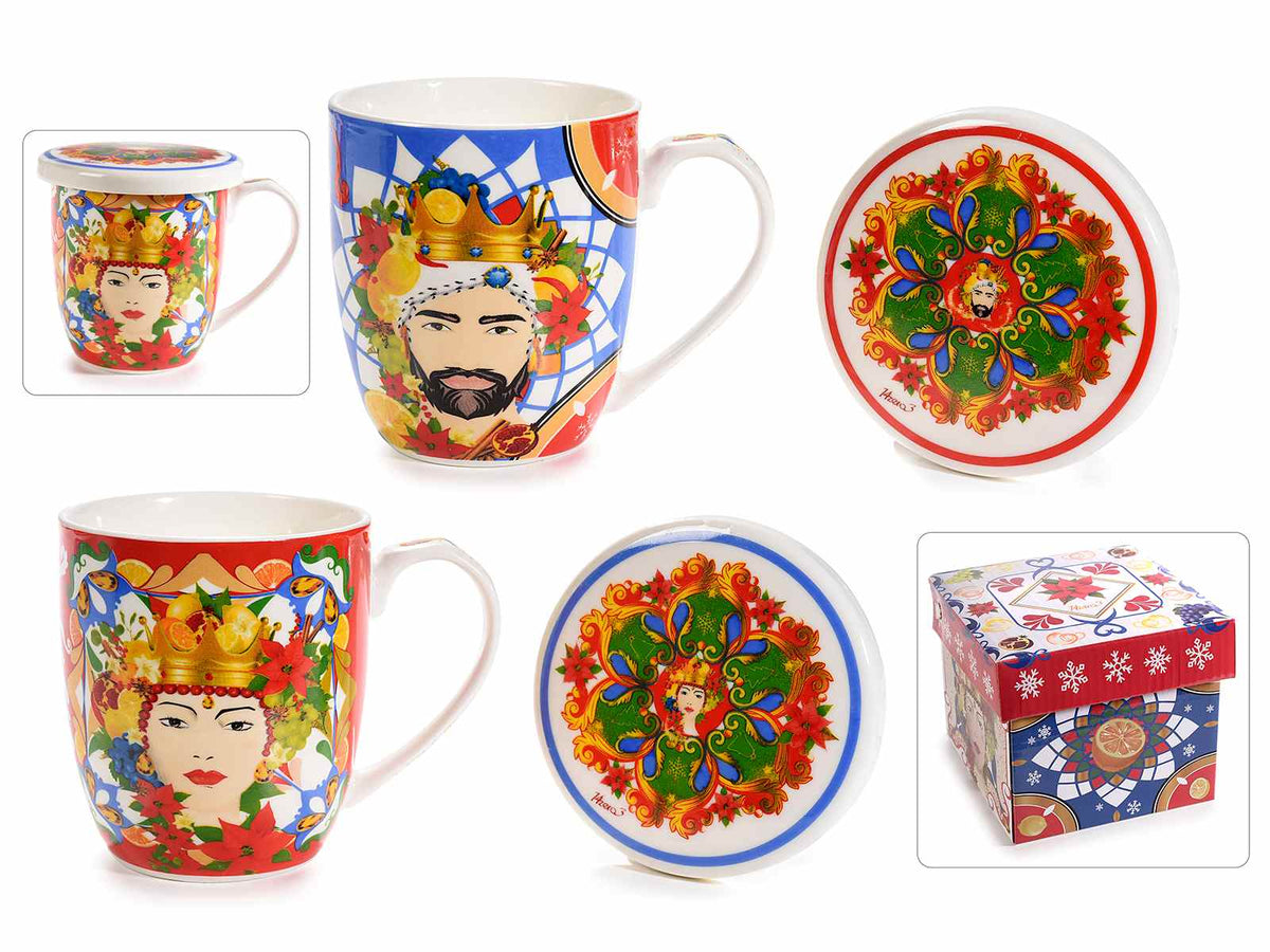 Tazze testa di moro in porcellana con coperchio / piattino coordinato e decori, set da 4 pezzi, Tazza: Ø 8 cm x 9 H