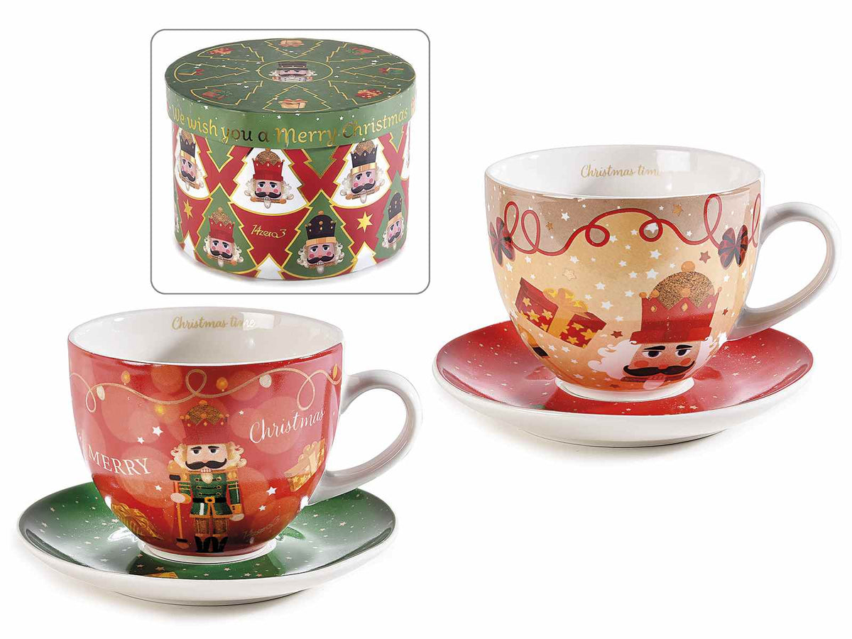 Tazze di Natale soldatino schiaccianoci in porcellana con piattino abbinato, set da 2 pezzi, Tazza: Ø 11 cm x 8,5 H