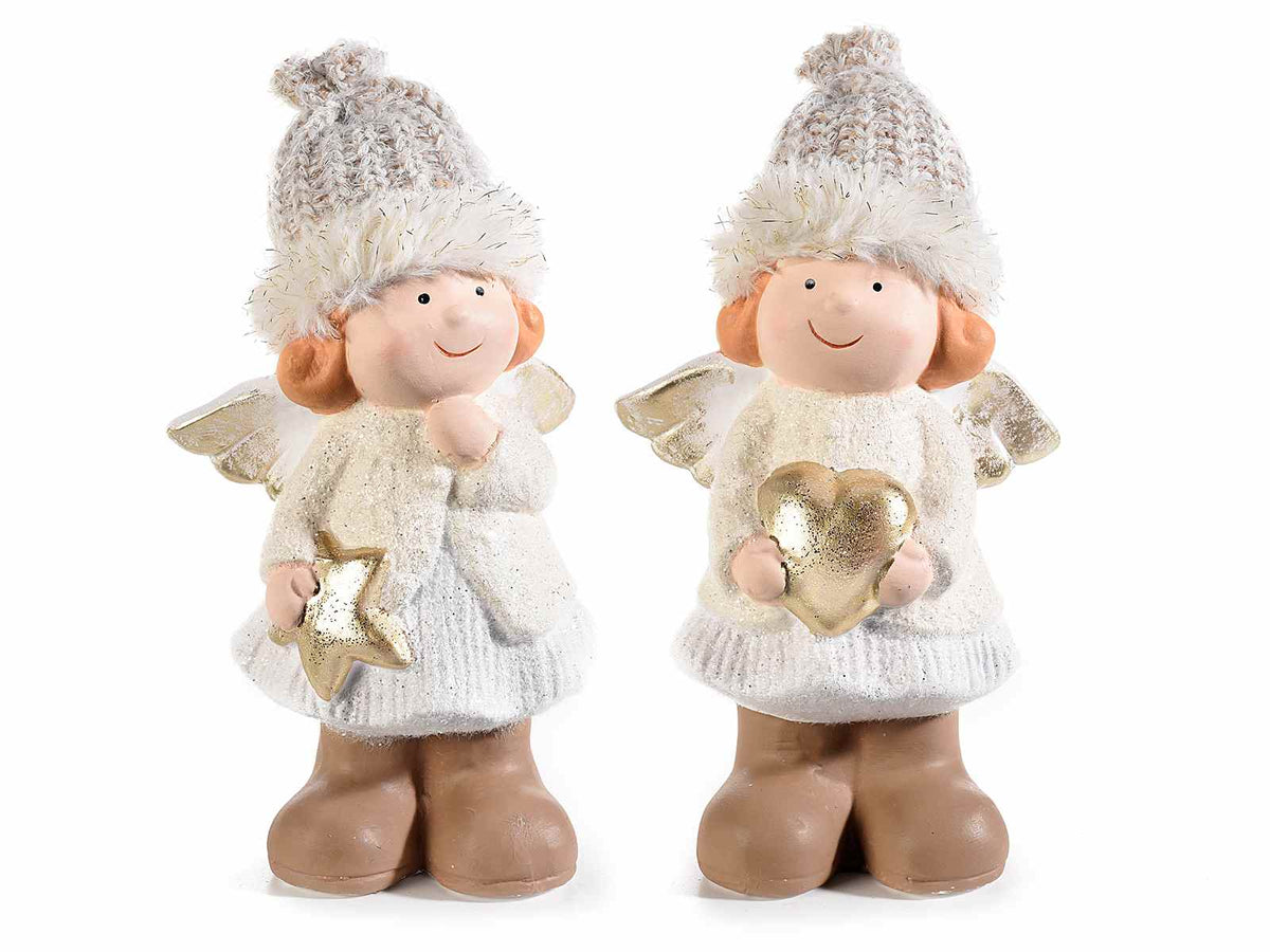 Angioletti natalizi in ceramica con cappello in stoffa, cuore e stella, set da 2 pezzi, cm11 x 8 x 19,5 H
