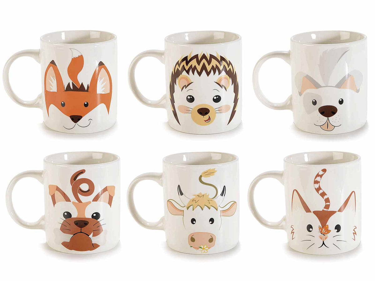 Tazze in porcellana con stampe di musetti di animali, set da 6 pezzi, Ø 8 cm x 9,5 H