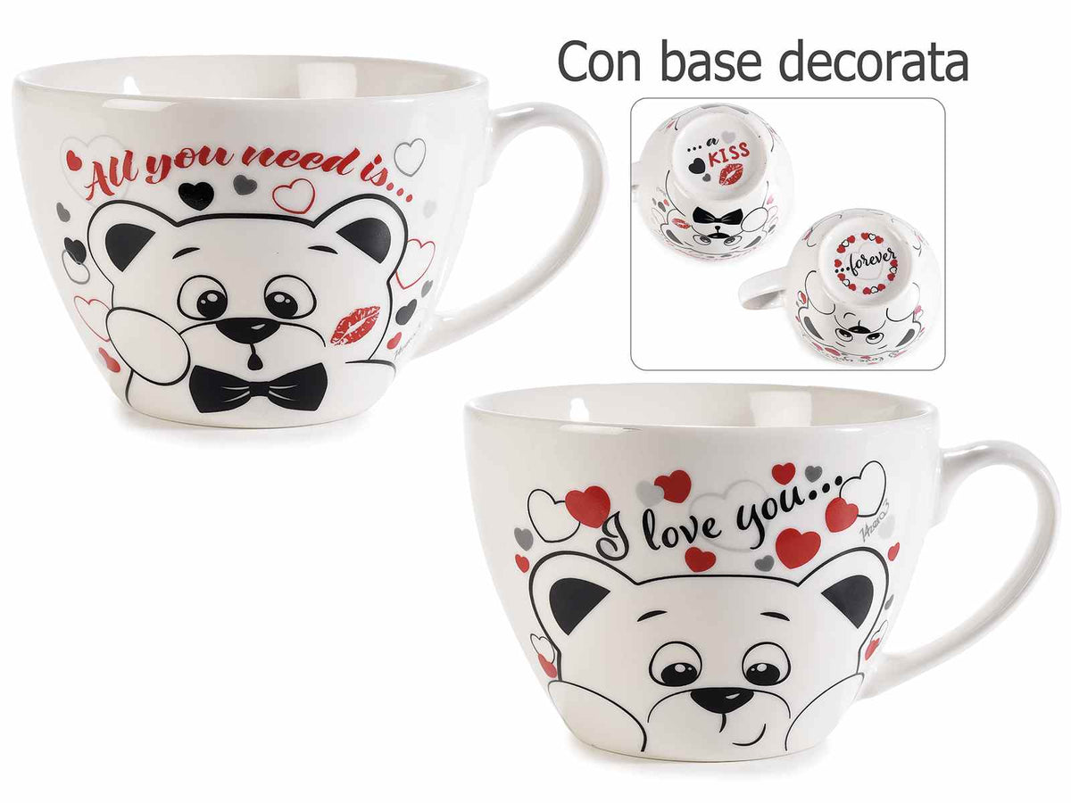 Tazze in porcellana per San Valentino con stampa orsetto, cuori e scritte, set da 4 pezzi, Ø 11 cm x 8 H