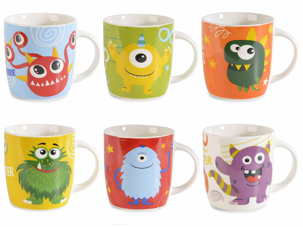 Tazze in porcellana 350 ml con stampa a tema Mostriciattoli, set da 6 pezzi, Ø 8,5 cm x 9 H