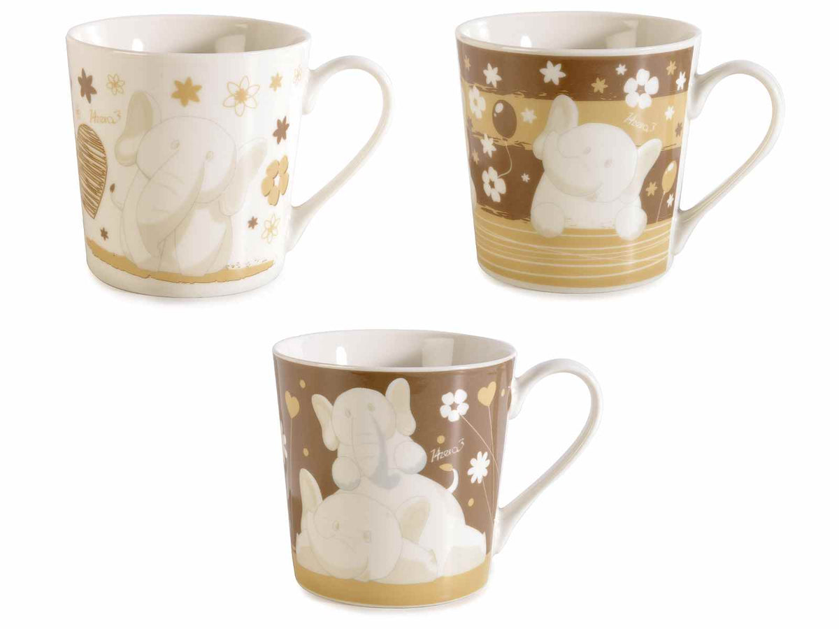 Tazze in porcellana con decoro elefantini, set da 6 pezzi, Ø 9,5 cm x 9,5 H
