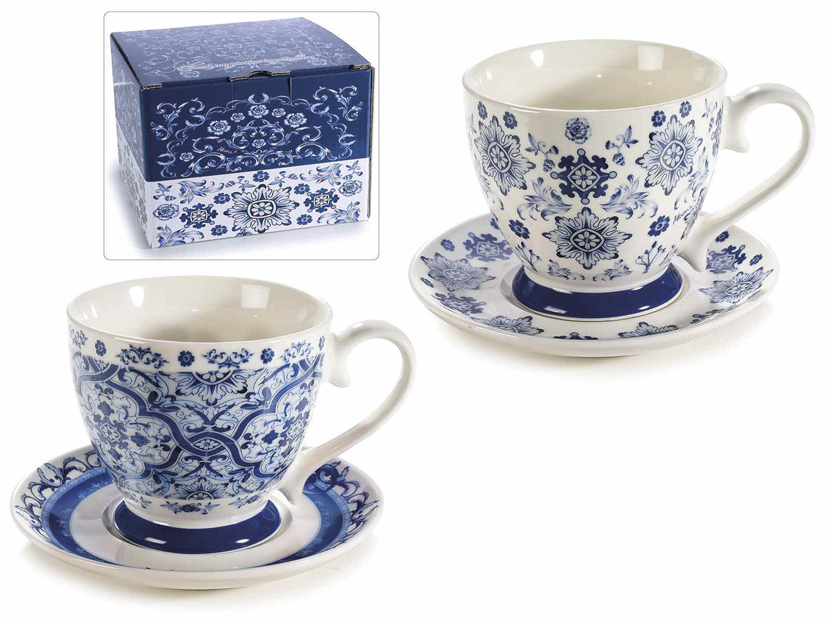 Tazze in porcellana con piattino coordinato con decori maioliche blu, set da 2 pezzi, Tazza: Ø 10,5 cm x 9,5 H