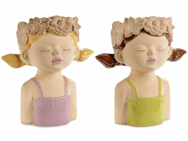 Vasi decorativo in porcellana colorata con volto di ragazza, corona di fiori, set da 2 pezzi, cm 22,5 x 14 x 25 H