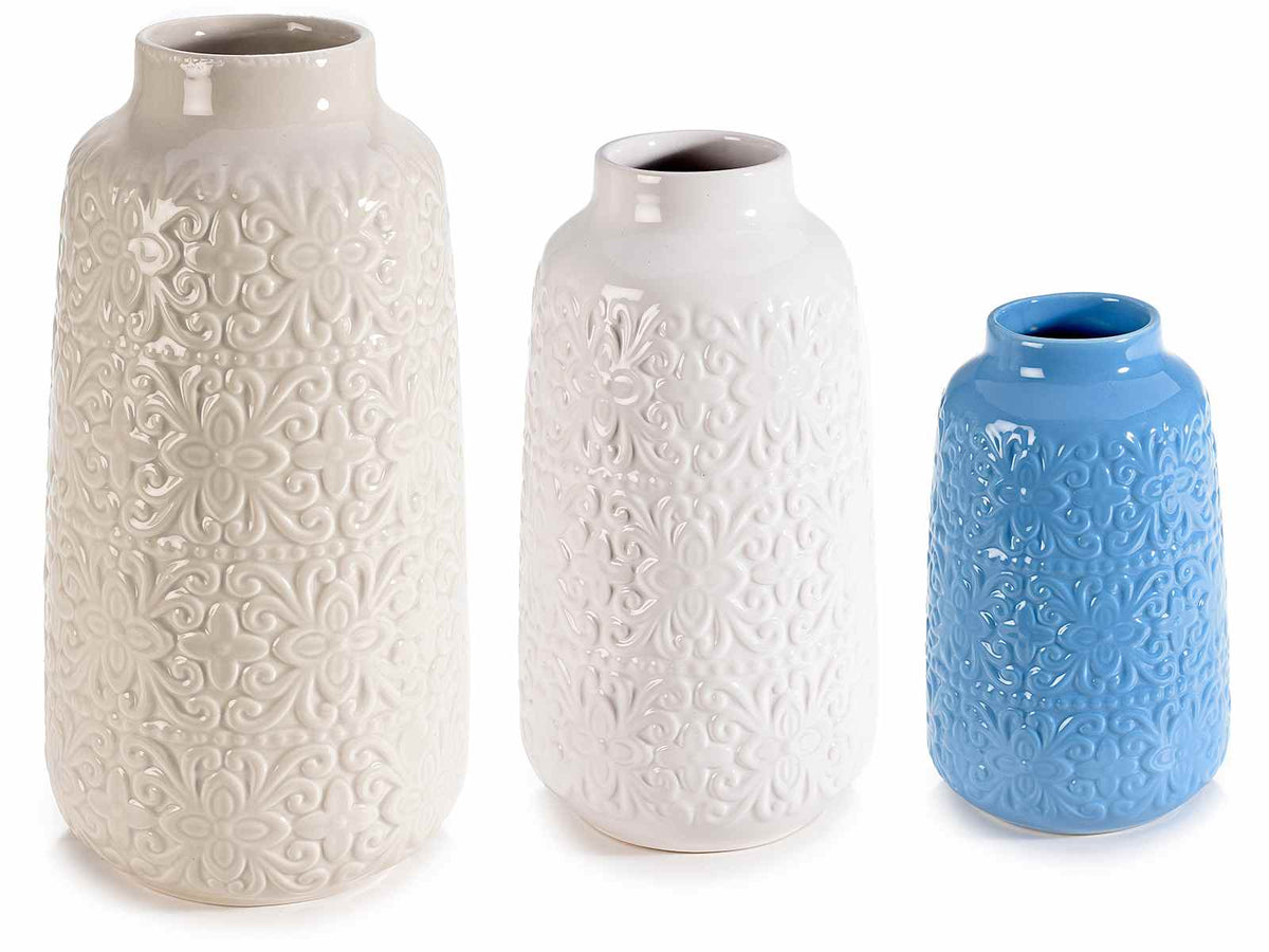 Vasi in porcellana lucida con decori floreali in rilievo, Grande: Ø 13 cm x 25 H