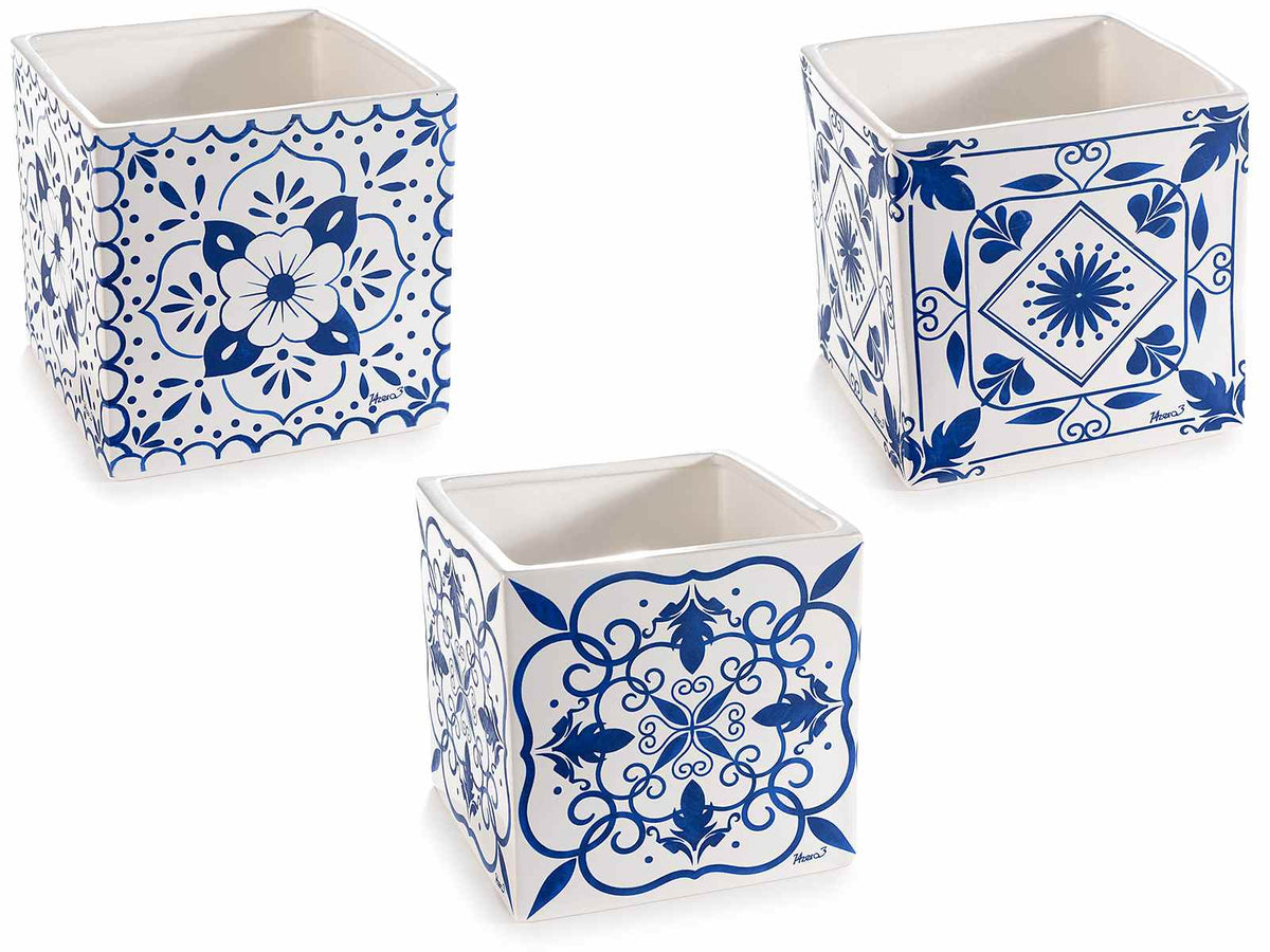 Vasi in porcellana con decoro maiolica blu, set da 3 pezzi, cm 13 x 13 x 12,5 H