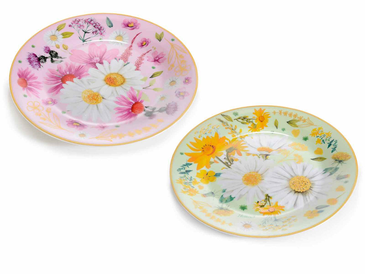 Piatti floreali in porcellana decori fiori e camomilla adatti al contatto, set da 6 pezzi, Ø 19 cm