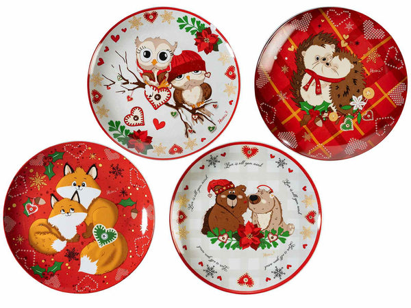 Piatti di Natale per alimenti in porcellana decori natalizi e animaletti, set da 8 pezzi, Ø 20,5 cm