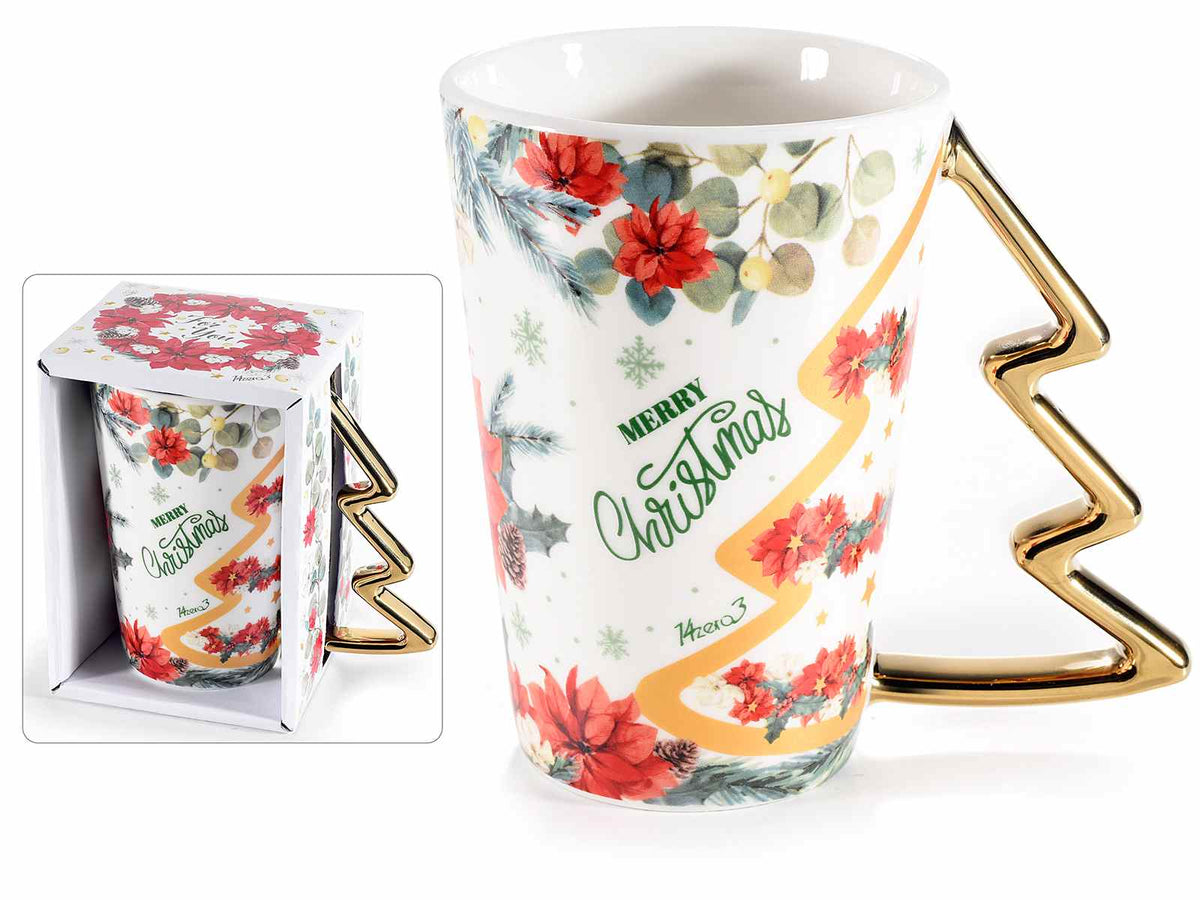Tazze natalizie in porcellana con manico ad albero di Natale dorato, set da 2 pezzi, Tazza: Ø 8,5 cm x 12,5 H