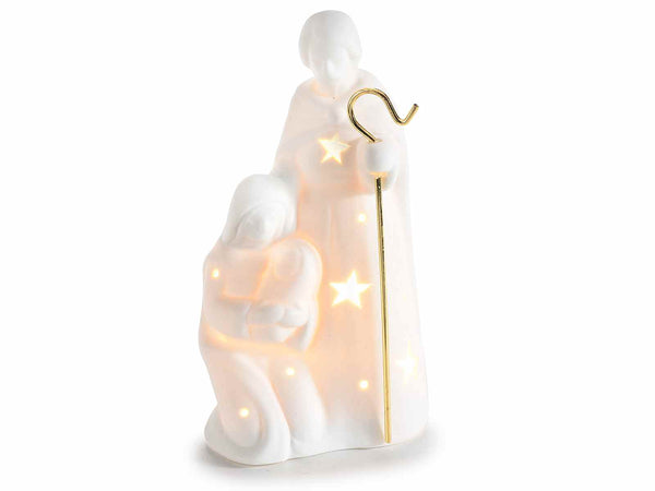 Presepe Sacra Famiglia in porcellana bianca con dettaglio dorato e luci LED, set da 3 pezzi, cm 8,5 x 6 x 15,5 H