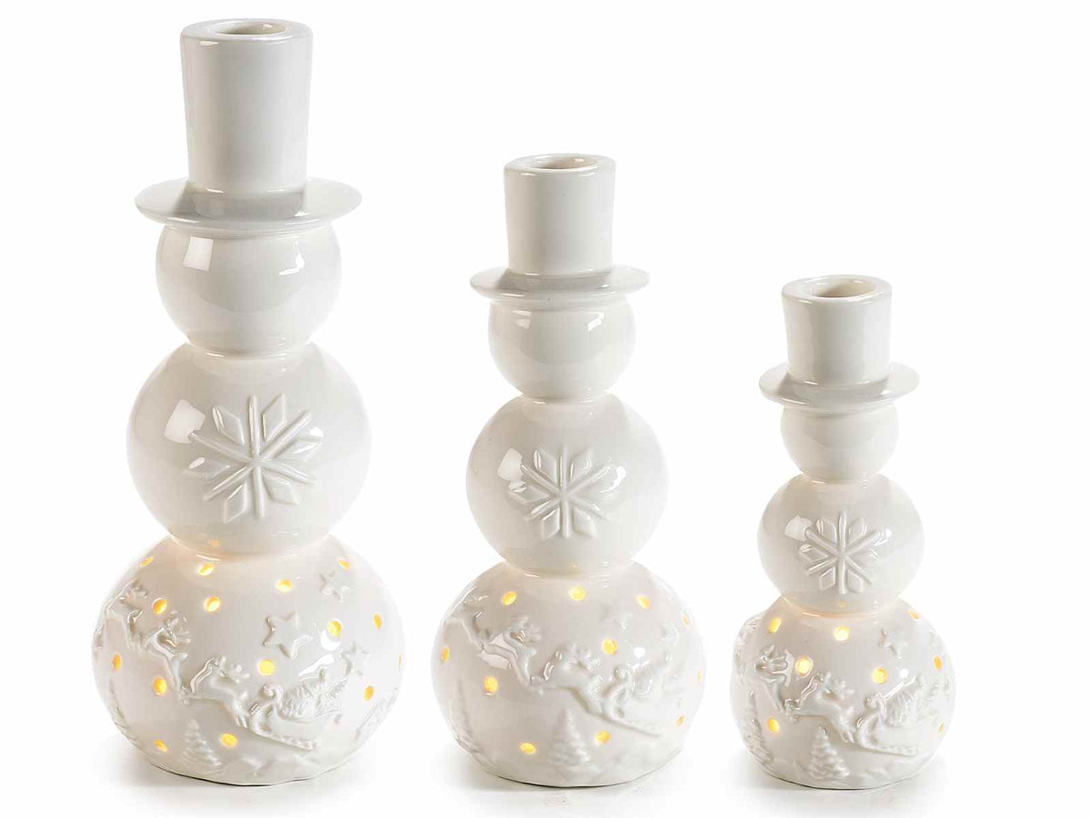 Pupazzi di neve portacandela in porcellana con luci LED, Grande: Ø 11 cm x 25 H