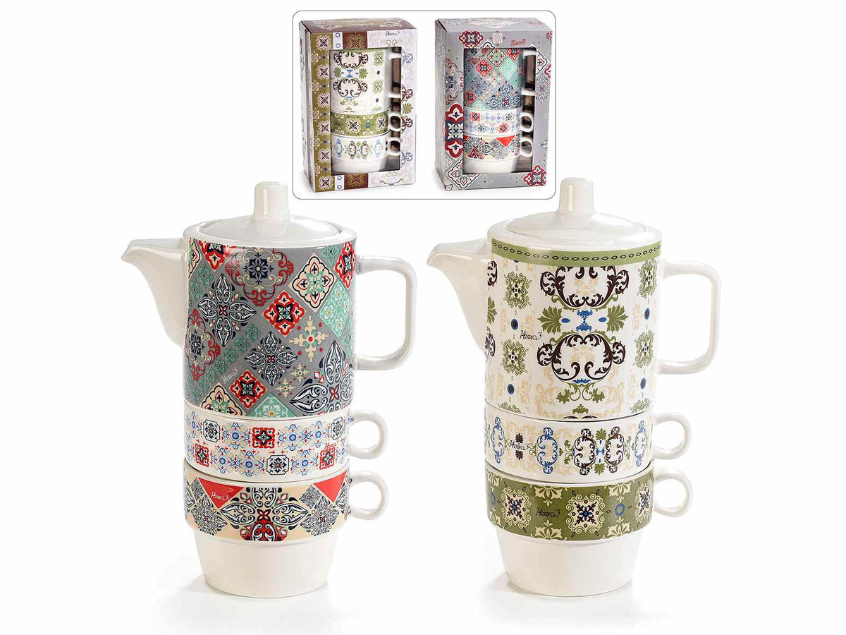 Set teiera con 2 tazze impilate in porcellana con fantasia maiolica, set da 2 pezzi, cm 14 x 8 x 20 H
