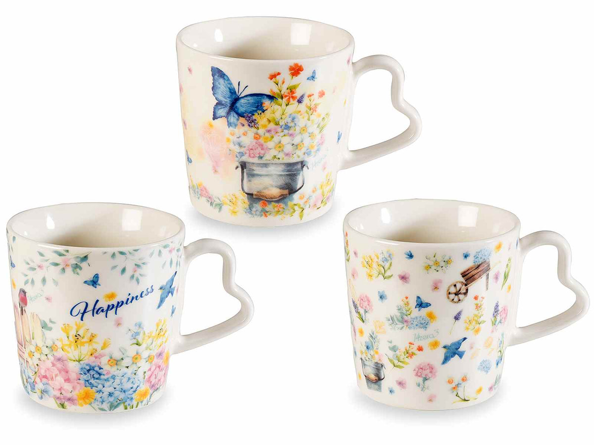 Tazze floreali in porcellana con manico a cuore, set da 6 pezzi, Ø 9,5 cm x 9 H