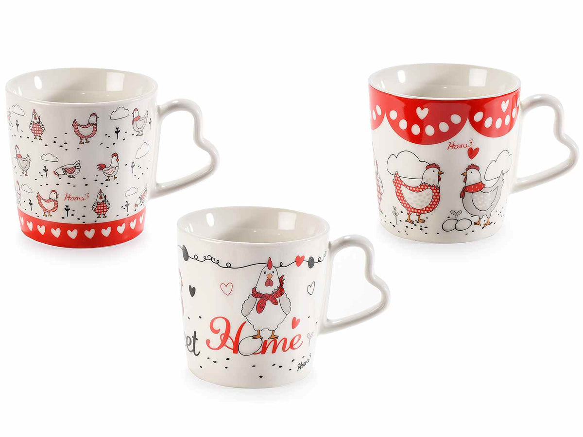 Tazze in porcellana con stampe gallinelle, scritta Home Sweet Home e manico, set da 6 pezzi, Ø 9,5 cm x 9 H