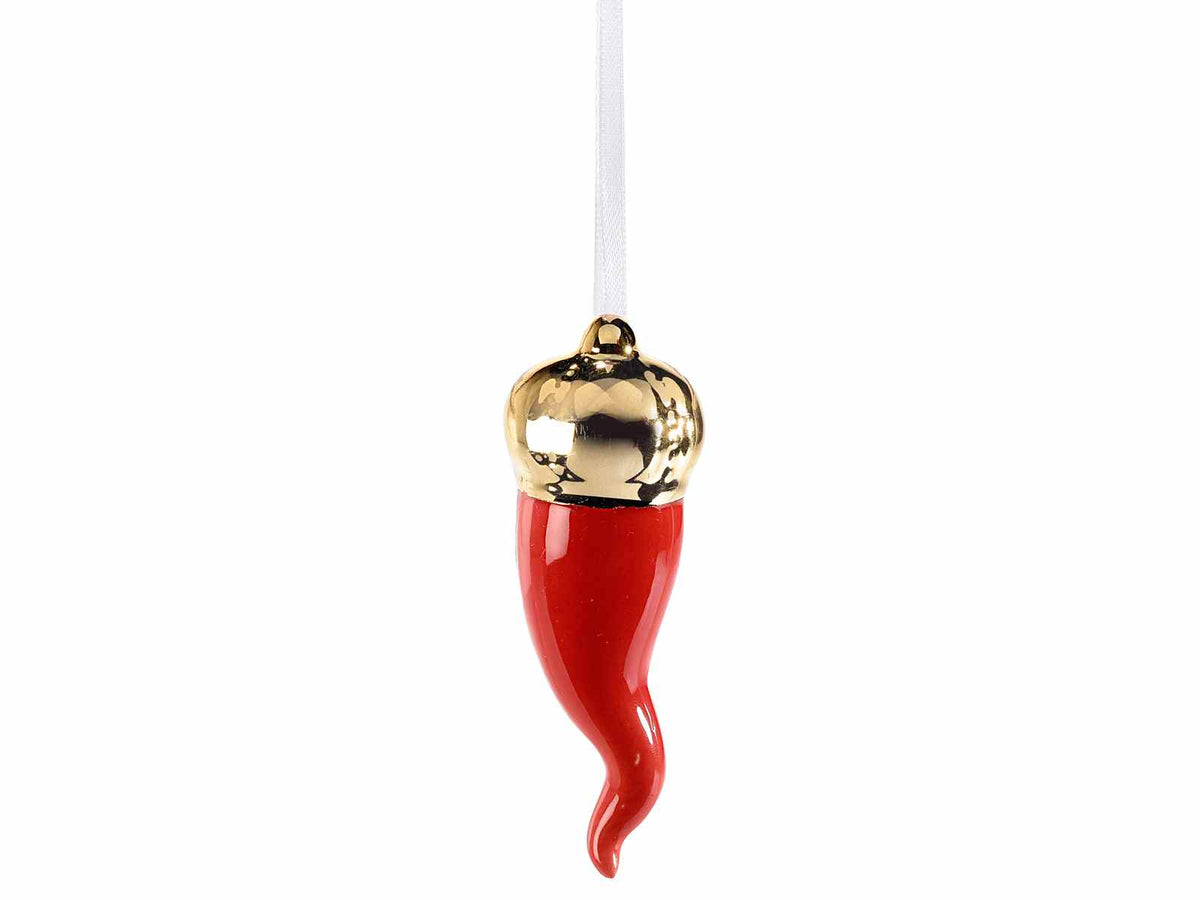 Cornetti portafortuna rossi in porcellana da appendere con dettagli in simil, set da 10 pezzi, cm 3 x 8,5 H
