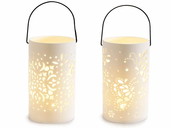 Lanterne in porcellana opaca con decori intagliati luci e manico in metallo, set da 2 pezzi, Ø10,5cmx18H (con gancio26)
