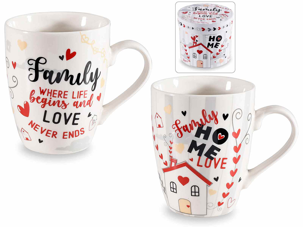 Tazze in porcellana con decorazioni e scritte famiglia in confezione regalo, set da 6 pezzi, Tazza: Ø 8 cm x 10,5 H