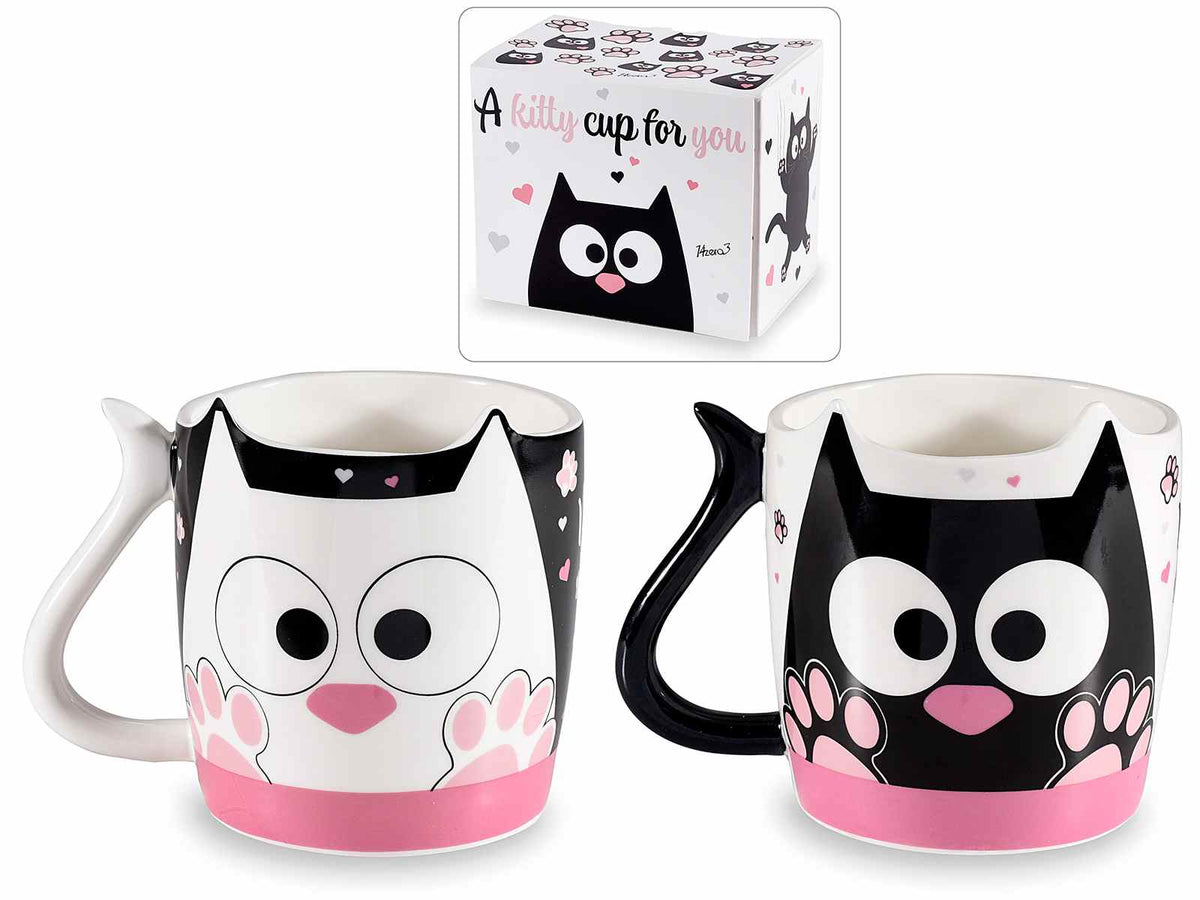 Tazze gatto con manico a coda e stampa gatti bianchi e neri, in confezione, set da 6 pezzi, Tazza: Ø 9 cm x 9 H