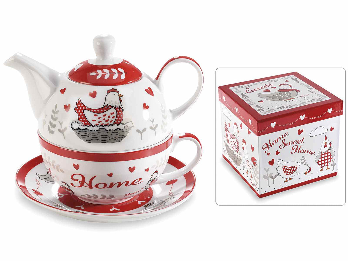 Set tazza, teiera e piattino in porcellana con decori gallinella in confezione, set da 2 pezzi, cm 16 x 10,5 x 13,5 H