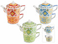 Set tazze e teiere in porcellana con manico colorato stampa maiolica, set da 3 pezzi, cm 17 x 10 x 15 H