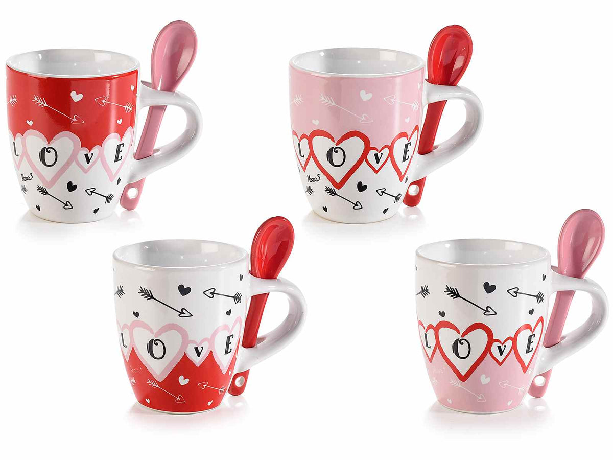 Tazzine da caffè per San Valentino con stampa Love in porcellana decorata, set da 8 pezzi, Ø5,5cmx7H (con cucchiaino8,5)
