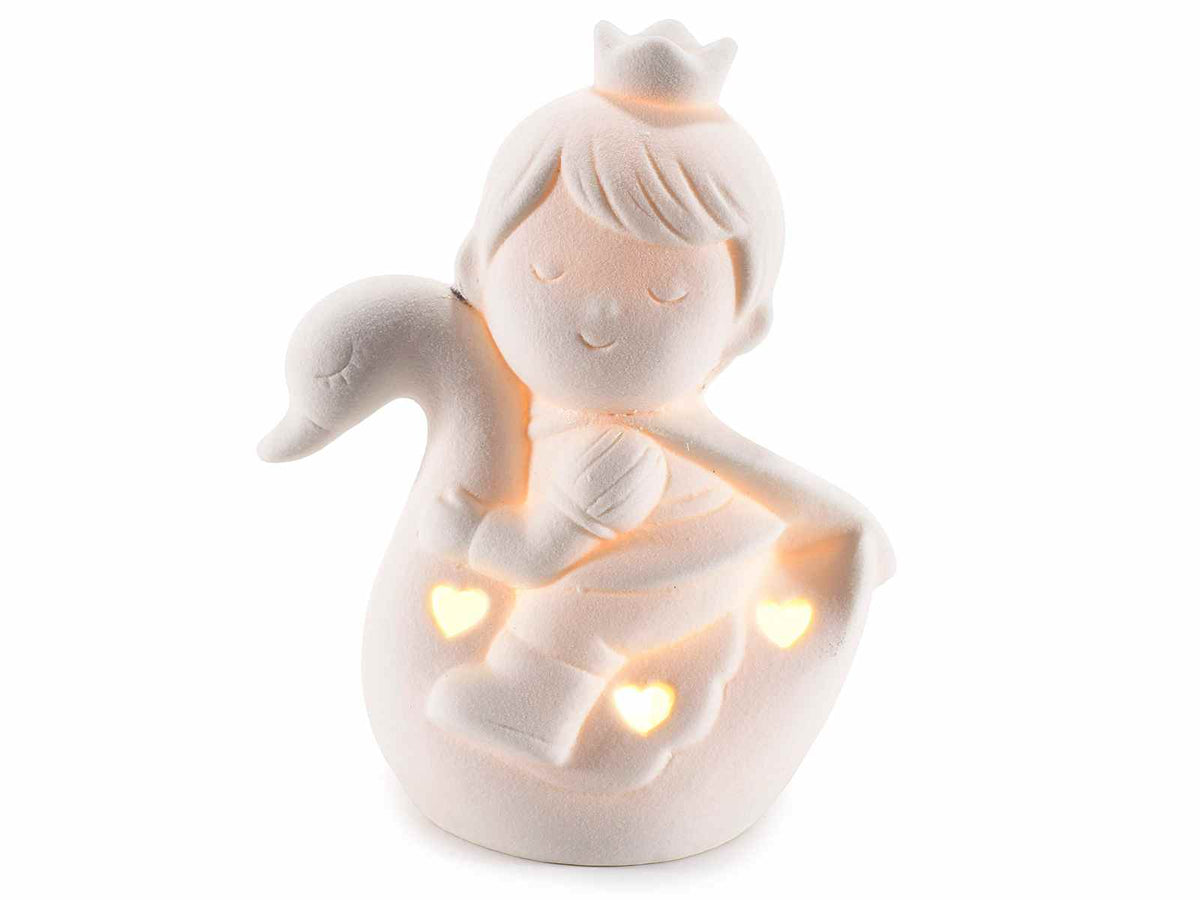 Bomboniere principi su cigno in porcellana con cuori e luci LED, set da 4 pezzi, cm 9 x 6 x 11,5 H