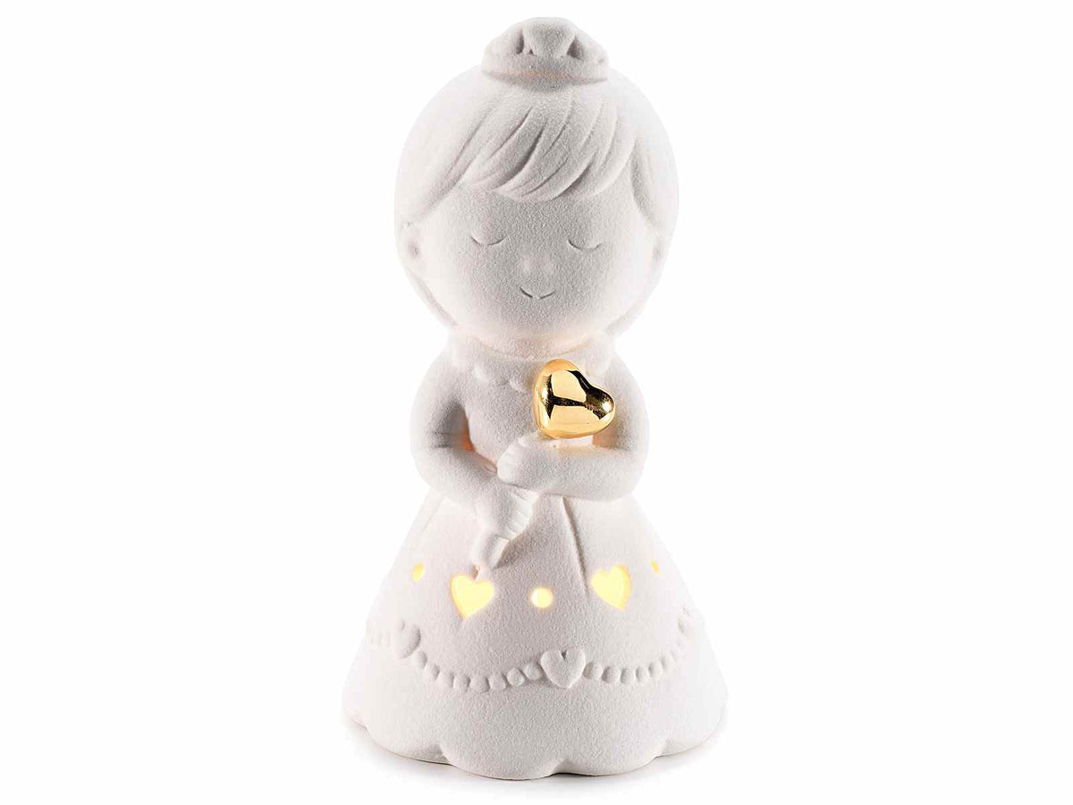 Bomboniere principesse con cuore dorato in porcellana e luci LED, set da 4 pezzi, cm 7,5 x 7 x 14 H