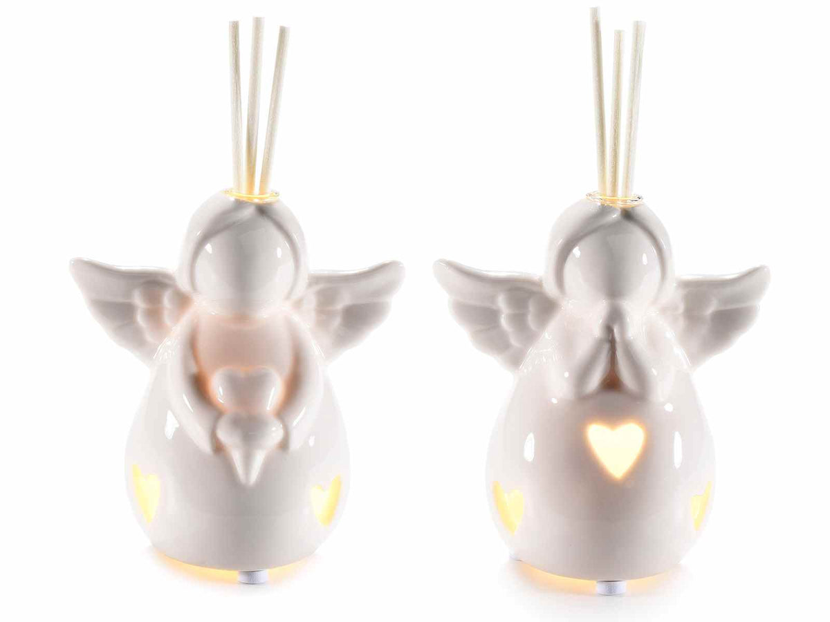 Angioletti in porcellana con luci LED e stick per profumare, set da 6 pezzi, cm 9x6x10 H (c / stick 15)