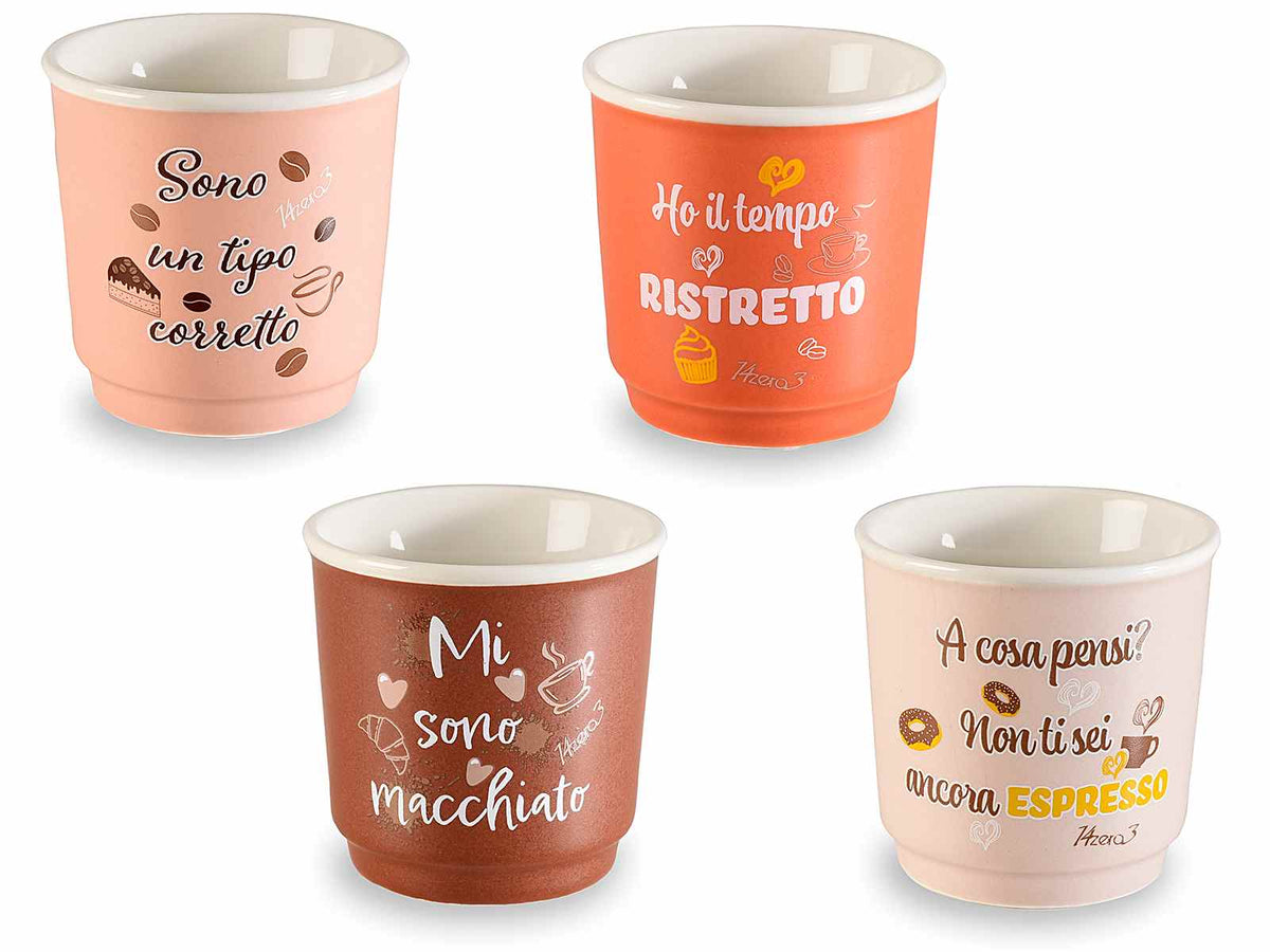 Tazzina da caffè a bicchierino in porcellana con scritte e decori a tema, set da 12 pezzi, Ø 6 cm x 6 H