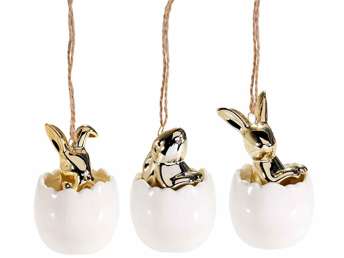 Coniglietti pasquali dorati dentro ovetto bianco in porcellana da appendere, set da 9 pezzi, Ø 5,5 cm x 9,5 H