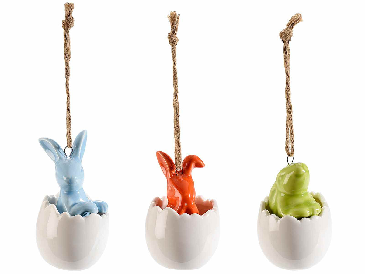 Coniglietti di Pasqua da appendere in ovetto in porcellana colorata, set da 9 pezzi, Ø 5,5 cm x 9,5 H