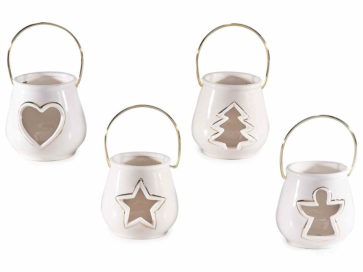 Lanterne natalizie portacandela tealight in porcellana con manico e finestrella, set da 4 pezzi, Ø8cmx8H (con manico13,5)