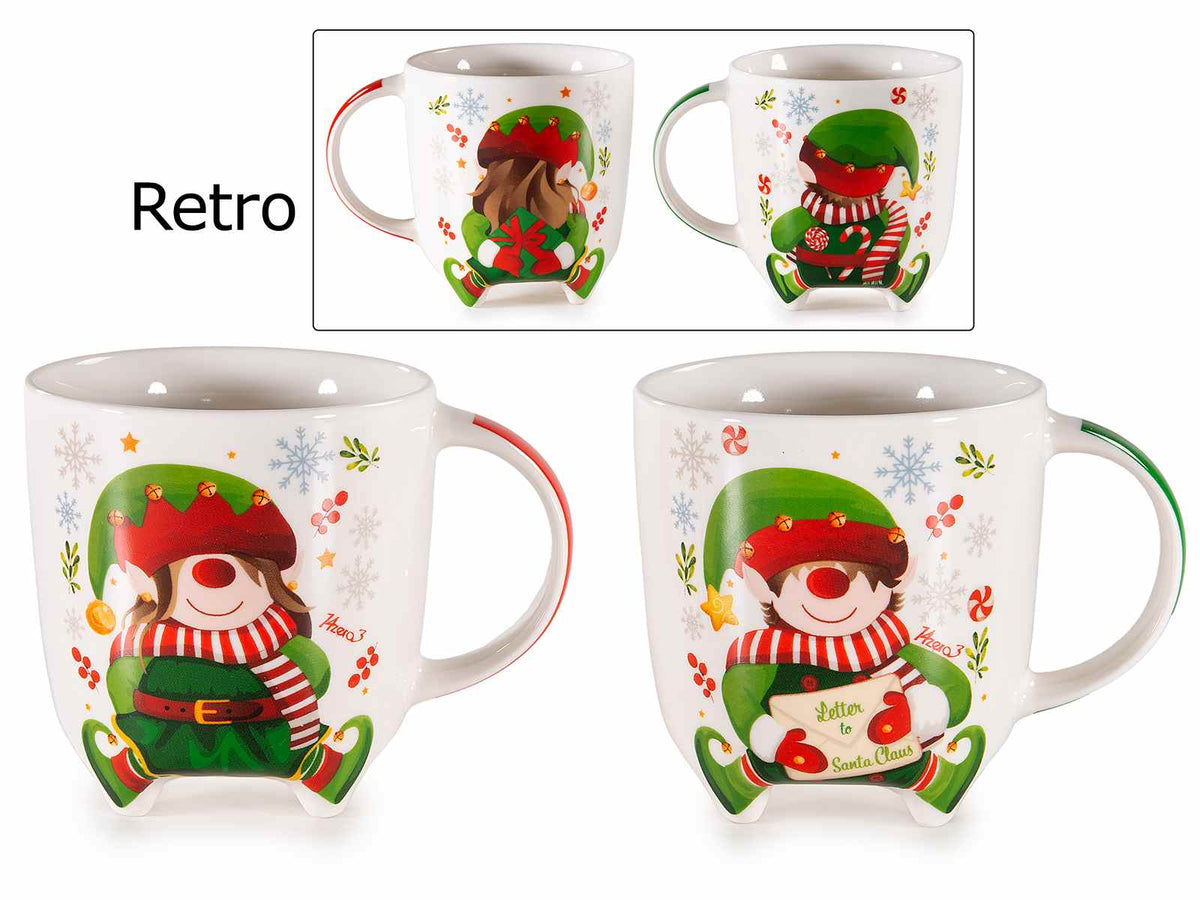 Tazze di Natale con stampa elfi con piedini, realizzate in porcellana, set da 8 pezzi, Ø 9 cm x 9,5 H