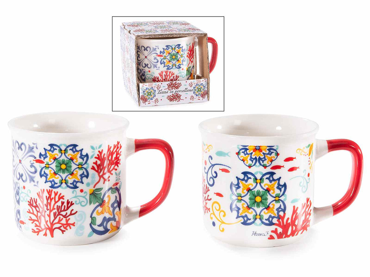 Tazze in porcellana con design maioliche e corallo in confezione regalo, set da 6 pezzi, Ø 8,5 cm x 8,5 H