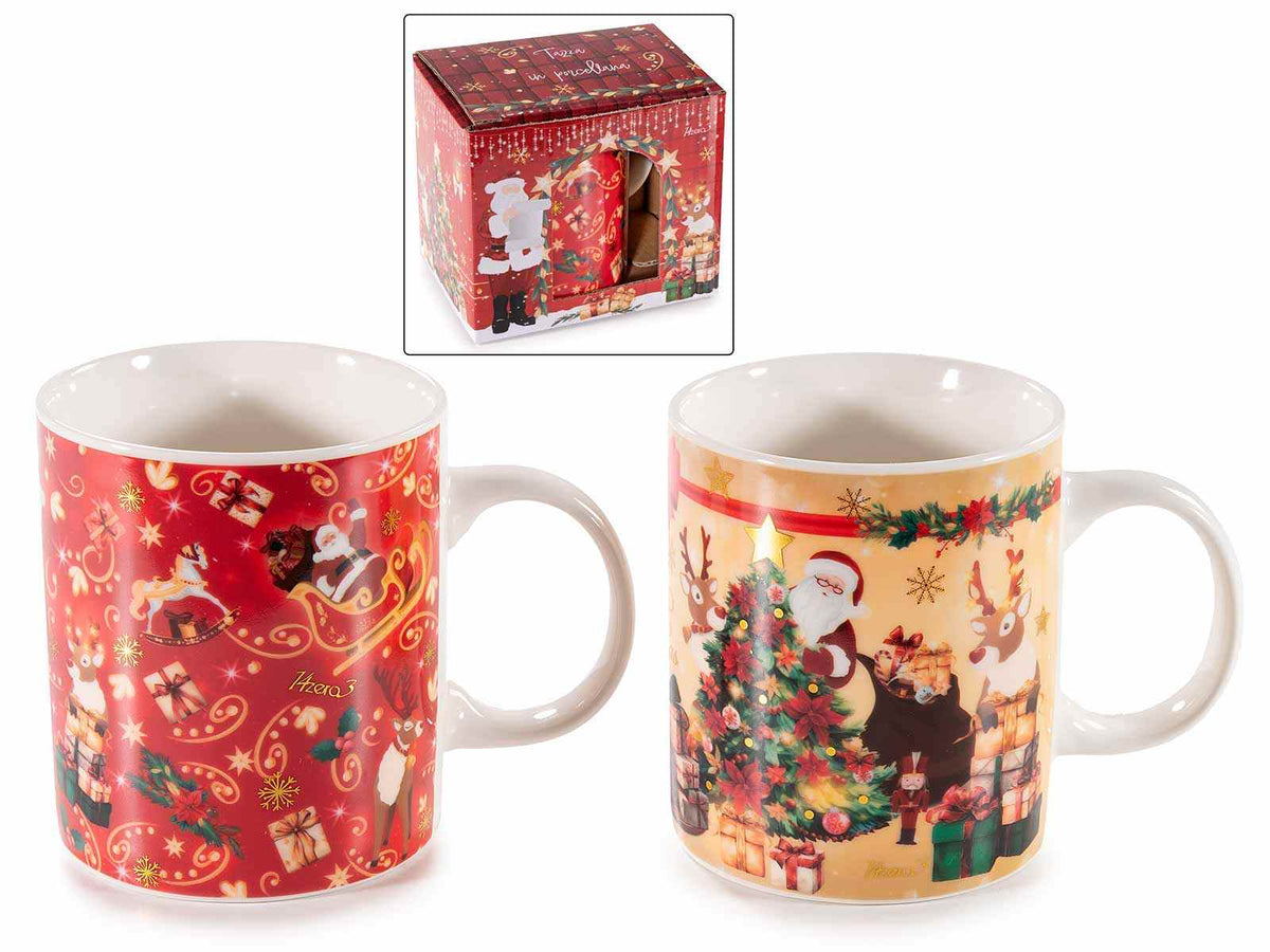 Tazze di Natale in porcellana con fantasia vintage natalizia e dettagli dorati, set da 6 pezzi, Ø 8,5 cm x 9,5 H
