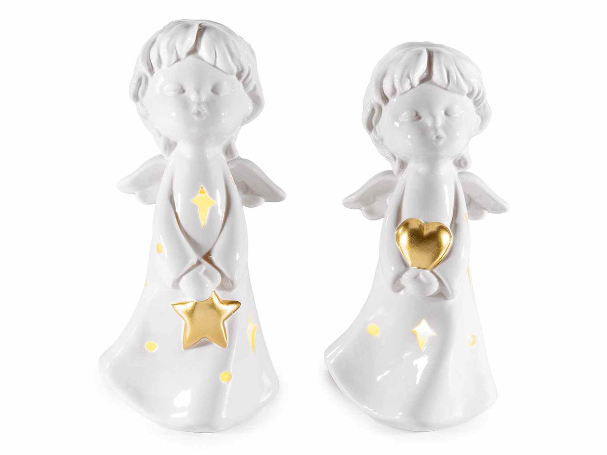 Angeli di Natale in porcellana bianca lucida con cuoricino e stellina dorata, set da 2 pezzi, cm 11,5 x 10 x 24 H