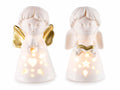 Angioletti di Natale in porcellana lucida con dettagli dorati e luce LED, set da 4 pezzi, cm 5,5 x 5 x 10 H