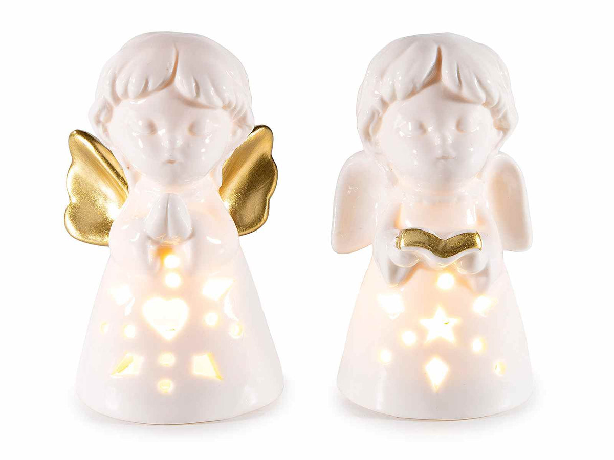Angioletti di Natale in porcellana lucida con dettagli dorati e luce LED, set da 4 pezzi, cm 5,5 x 5 x 10 H