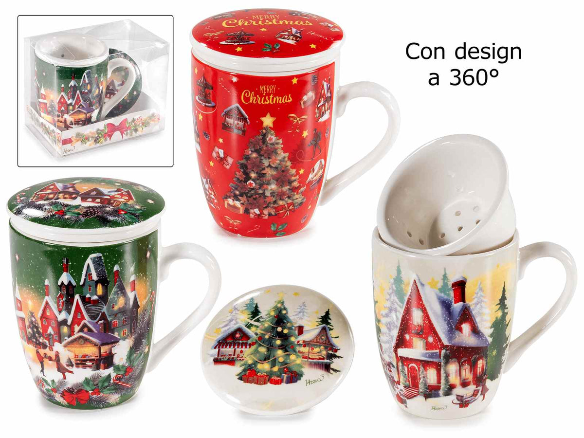Tazze tisaniera con fantasia natalizia realizzate in porcellana, con filtro, set da 3 pezzi, Tazza: Ø 8 cm x 10,5 H