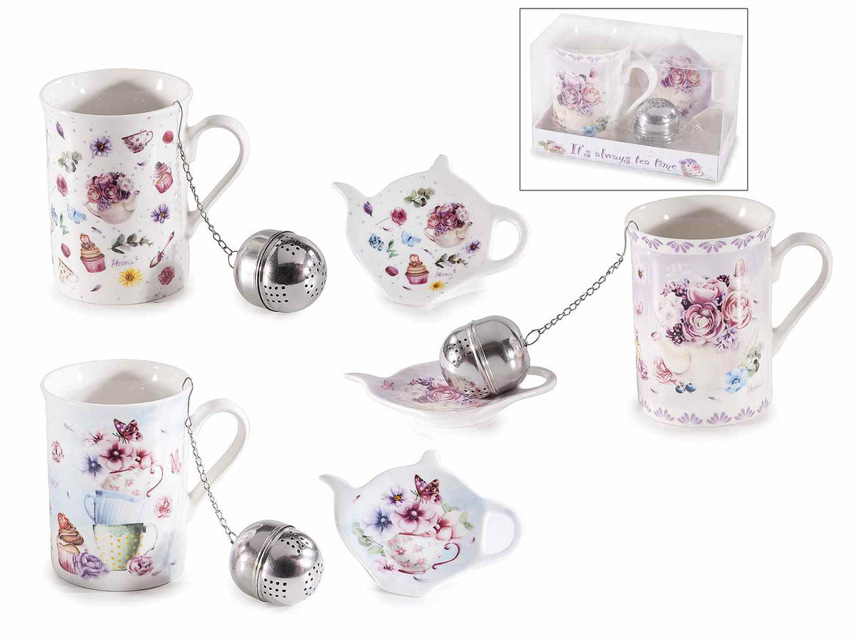 Set ceramiche cucina con tazza, piattino porcellana dalla stampa floreale, set da 6 pezzi, Tazza: Ø 7,5 cm x 10,5 H