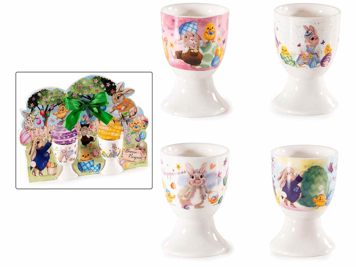 Confezione regalo con 2 portauovo in porcellana con decori pasquali coniglietti, set da 8 pezzi, Ø 4,5 cm x 7 H